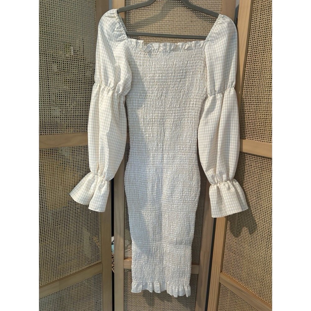 SNDYS Sundays the Label Cream Gingham Smocked Midi Dress XS NWT
